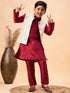 Boy's Beige Woven Jacket With Maroon Kurta And Pyjama Set